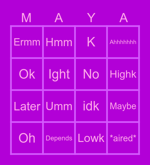 Maya Whick Bingo Card