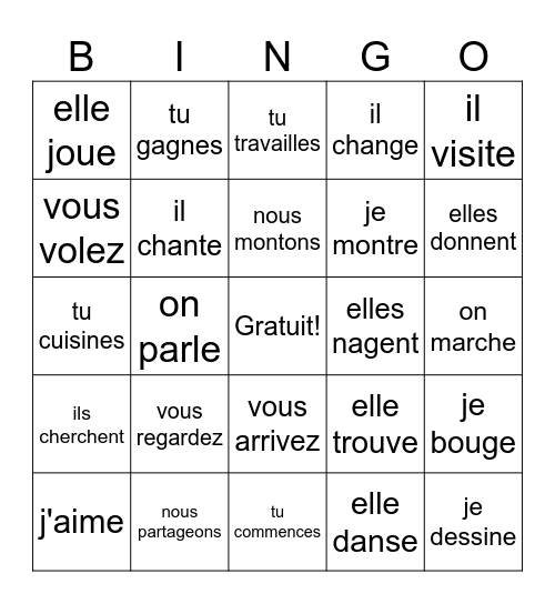 French Conjugation ER Verbs Present Tense Bingo Card