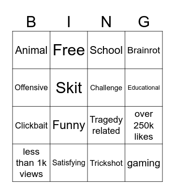 YT shorts bingo Card