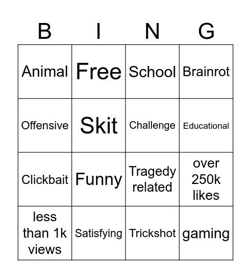 YT shorts bingo Card