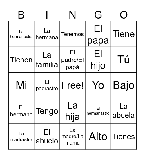 Tener & Lección 10 Bingo Card