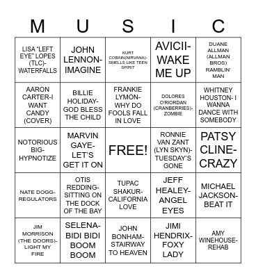 GONE TOO SOON Bingo Card