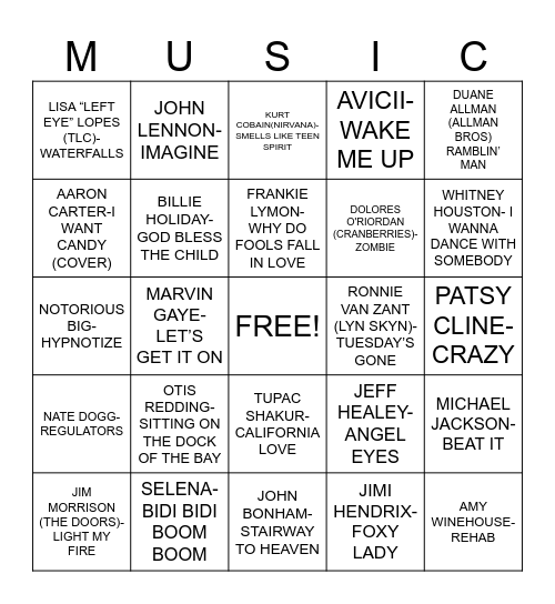 GONE TOO SOON Bingo Card
