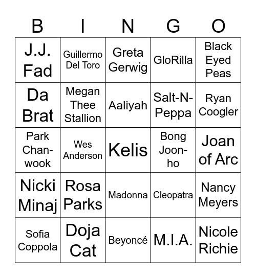 Women in Pop Culture & History, Women in Hip Hop, & Famous Directors Bingo Card
