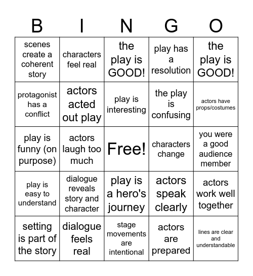 Play Performance BINGO Card