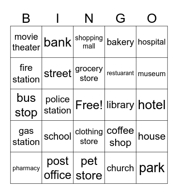 Around Town Vocabulary Bingo Card