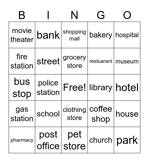 Around Town Vocabulary Bingo Card