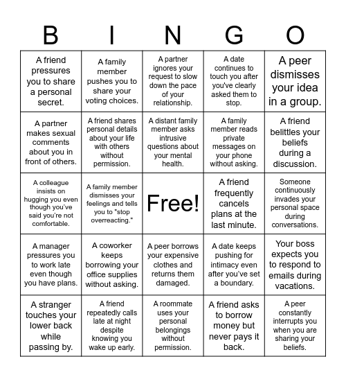 Boundaries Bingo Card
