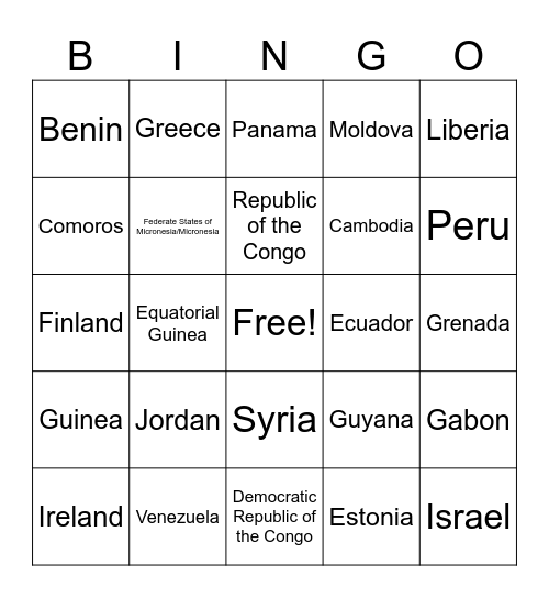 Nations Bingo Card