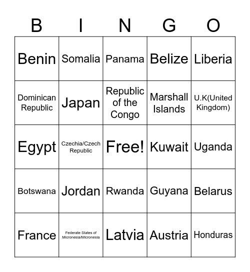Nations Bingo Card