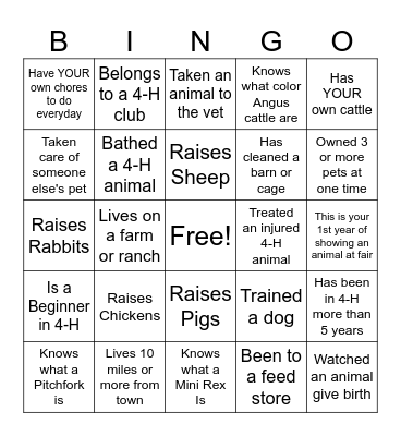 Youth Livestock Literacy Bingo Card