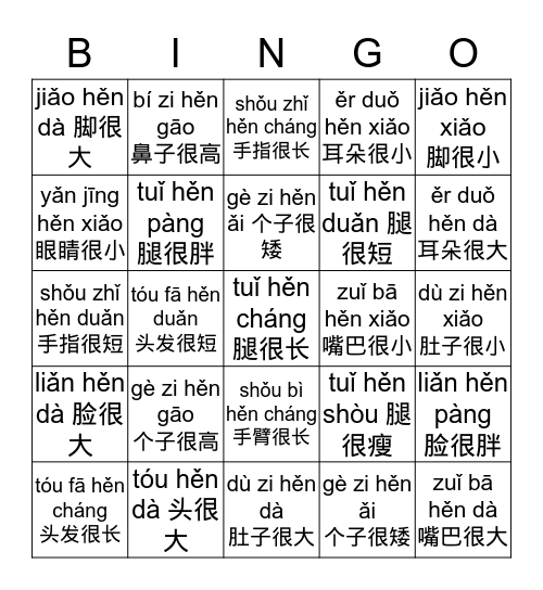 我的身体wǒ de shēn tǐ  Bingo Card