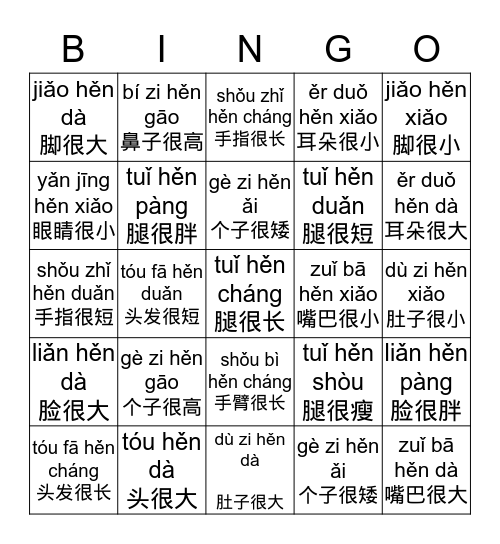 我的身体wǒ de shēn tǐ  Bingo Card