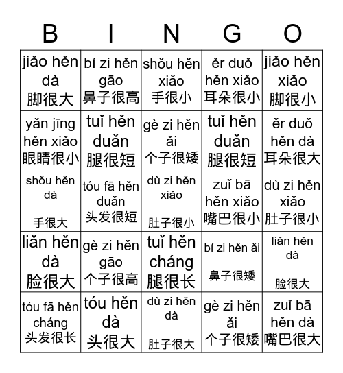 我的身体wǒ de shēn tǐ  Bingo Card