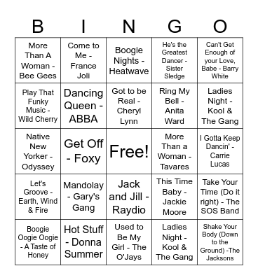 1970's Disco Hits Bingo Card