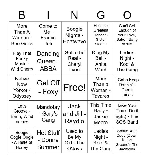 1970's Disco Hits Bingo Card