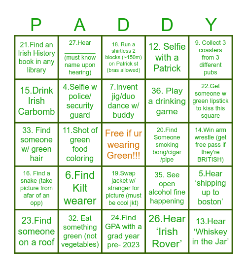 __________’s St Patty’s Bing o’ Challenge 2025 Bingo Card