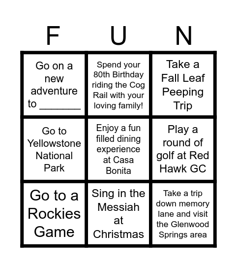 Gary's Amazing 80th Year of Fun Bingo Card
