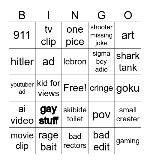 youtube shorts Bingo Card