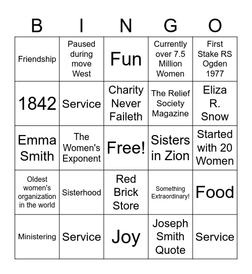 Relief Society Bingo Card