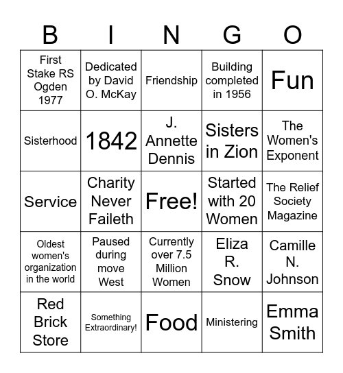 Relief Society Bingo Card