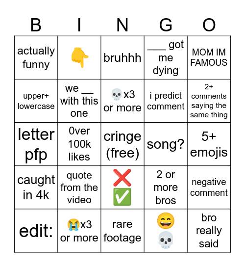 yt shorts comments (brainrot) Bingo Card