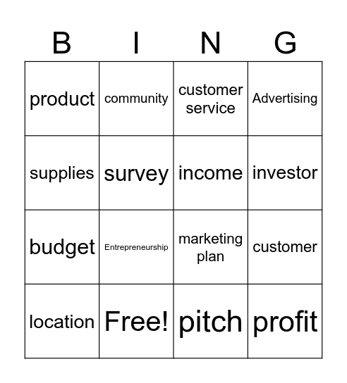 Lemonade stand Bingo Card