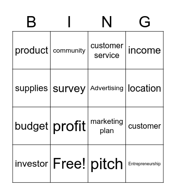 Lemonade stand Bingo Card