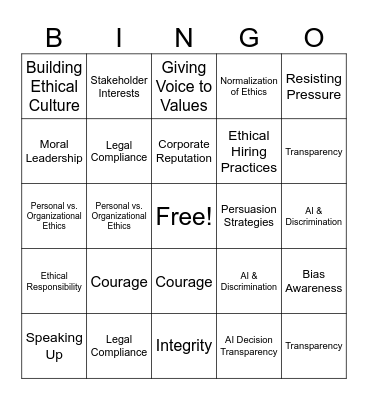 Ethics Bingo Card