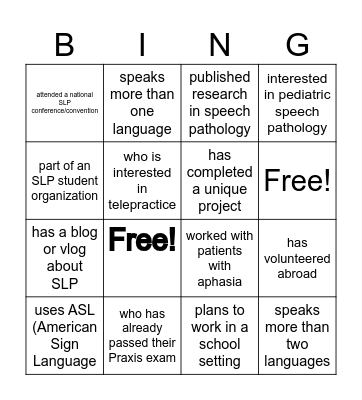 Student Networking Bingo Card