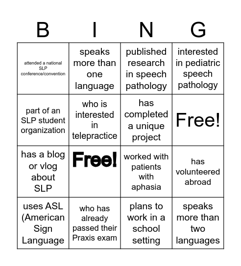 Student Networking Bingo Card