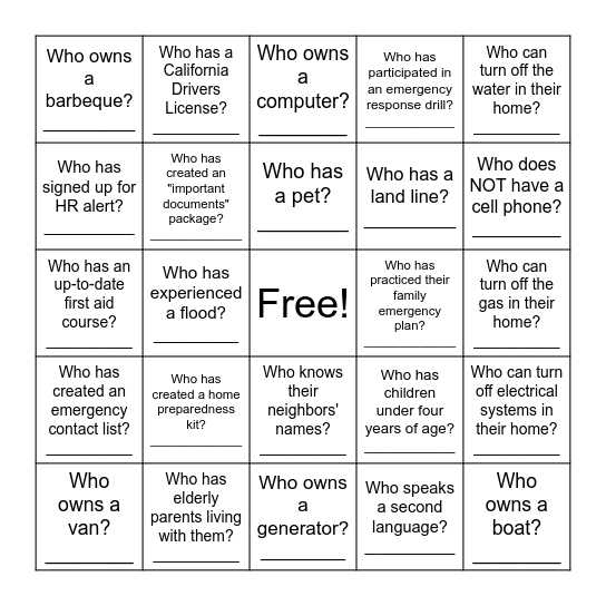 Emergency Preparedness Bingo Card