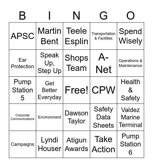 Alyeska Pipeline Service Company Bingo Card