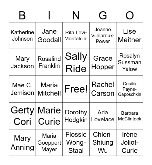 Women in Science Bingo Card
