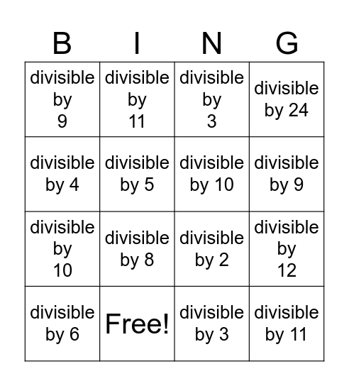 Divisibility Bingo Card