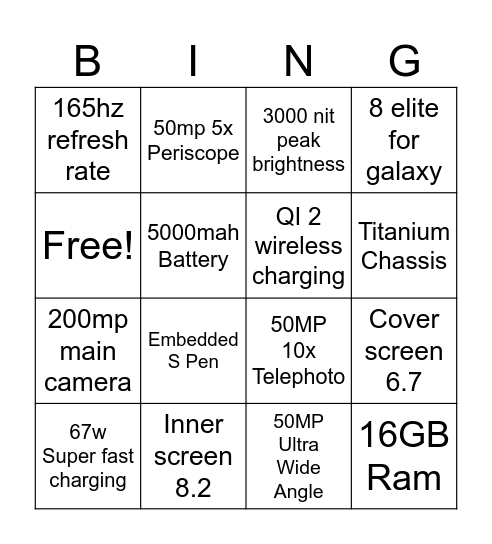 Z Fold 7 Wish List Bingo Card