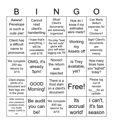 Tax Season Bingo Card