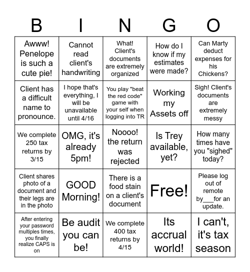 Tax Season Bingo Card