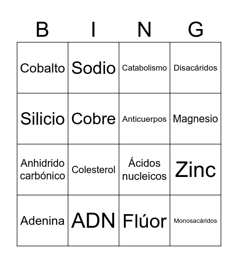 Composición química de la vida Bingo Card