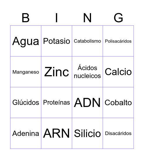 Composición química de la vida Bingo Card