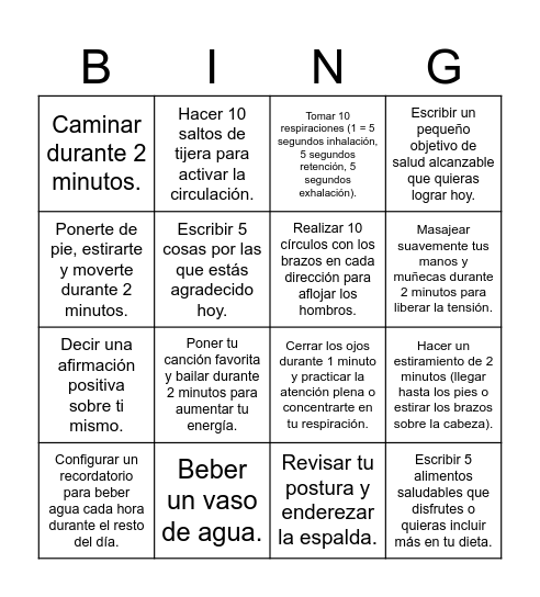 Hábitos Saludables Bingo Card
