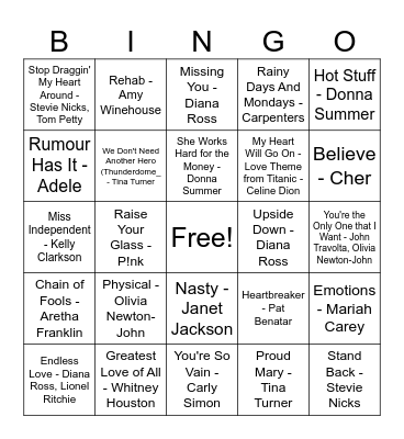 Iconic Female Singers Bingo Card