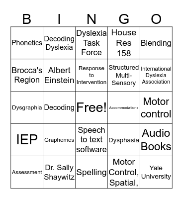 Dyslexia Bingo Card