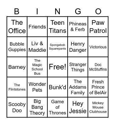 Theme Song Bingo Card