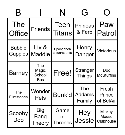 Theme Song Bingo Card