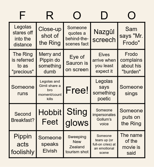 Lotr Bingo Card