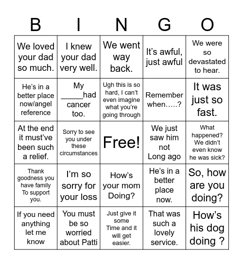 Funeral Bingo Card