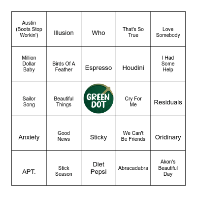 Today's Hit Songs Bingo Card