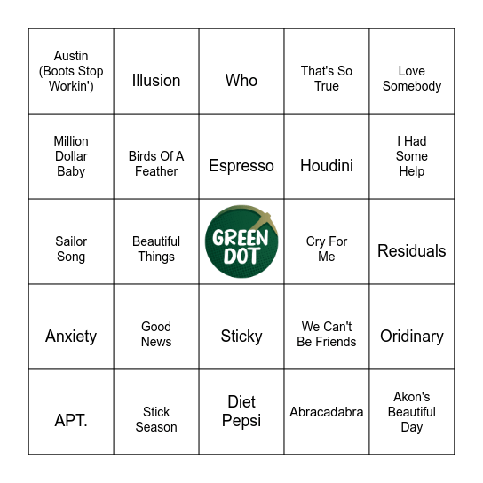 Today's Hit Songs Bingo Card