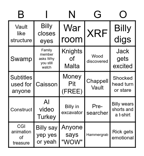 Curse of Oak Island Bingo Card